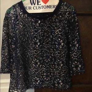 Aqua navy and silver sparkle lace top-see through